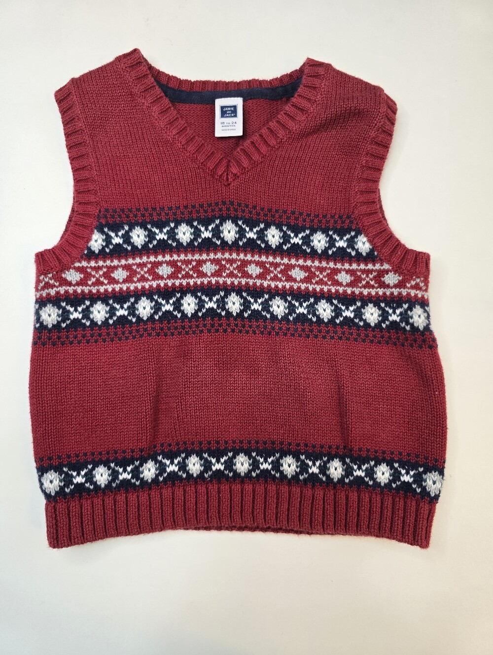 Janie And Jack Red Fair Isle V-Neck Sweater Vest with Navy & White Accents